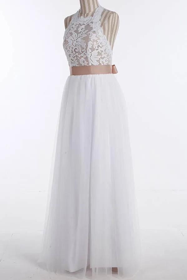 Simple Tulle Jewel Lace Top Sleeveless Floor-Length Wedding Dresses, MW213