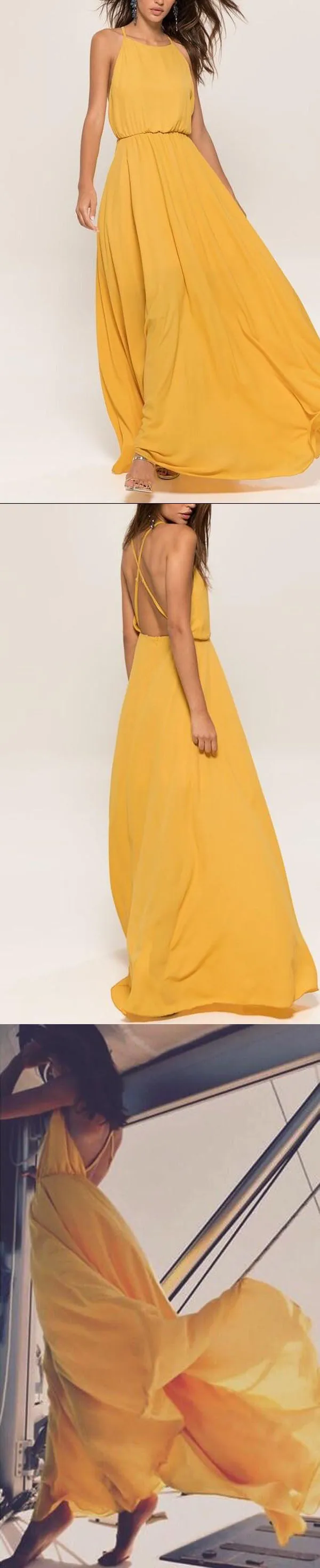 Simple Yellow Chiffon Sexy Spaghetti Strap Criss-Cross Backless Charming Prom Dresses,PD00008