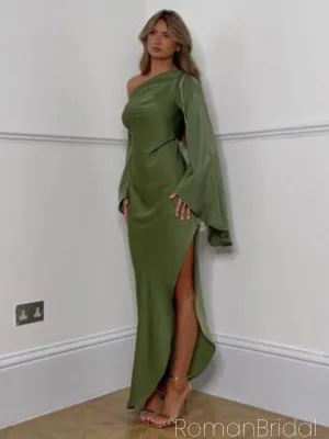 Soft One-shoulder Full Sleeve Mermaid Satin Evening Prom Dresses Online, OLP1054