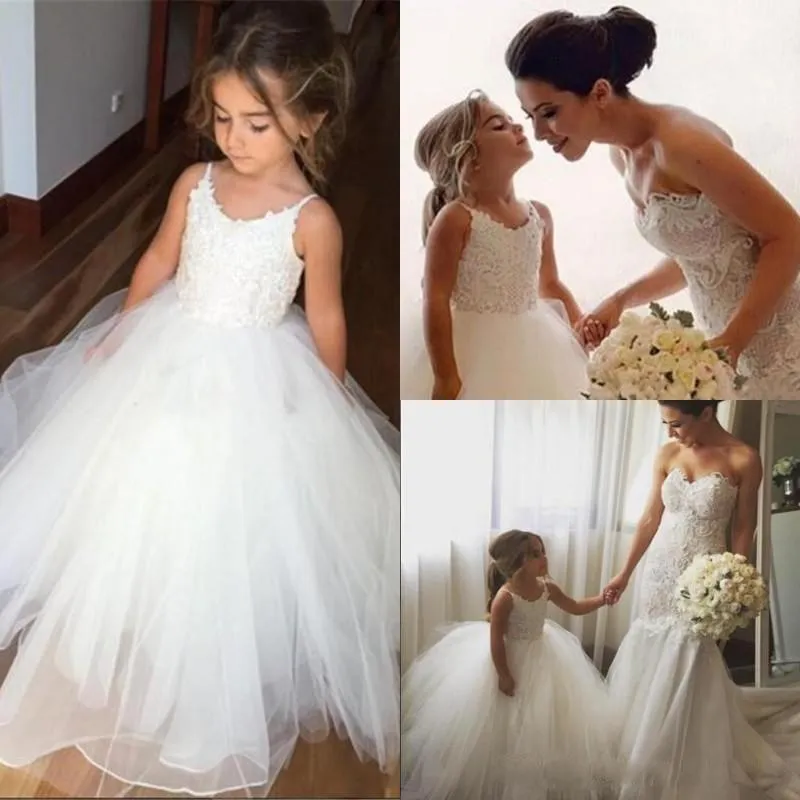 Spaghetti Lace Top White Tulle Hot Sale A-line Flower Girl Dresses, FG005
