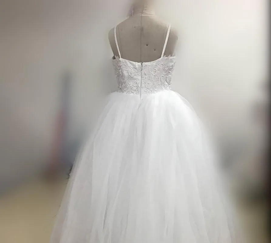 Spaghetti Lace Top White Tulle Hot Sale A-line Flower Girl Dresses, FG005