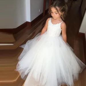 Spaghetti Lace Top White Tulle Hot Sale A-line Flower Girl Dresses, FG005