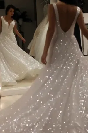 Sparkly Bridal Gowns V Neck Backless Wedding Dresses with Sequins