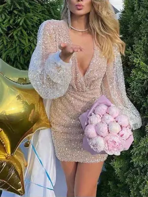 Sparkly Long Sleeves Deep V-neck Mermaid Short Homecoming Dresses, HD0638