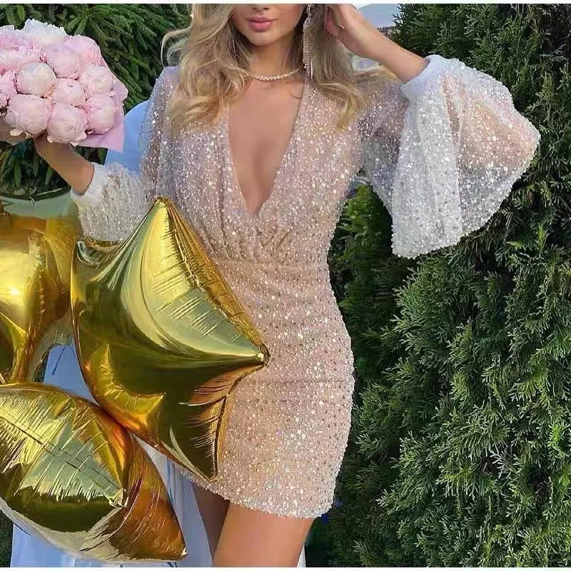 Sparkly Long Sleeves Deep V-neck Mermaid Short Homecoming Dresses, HD0638