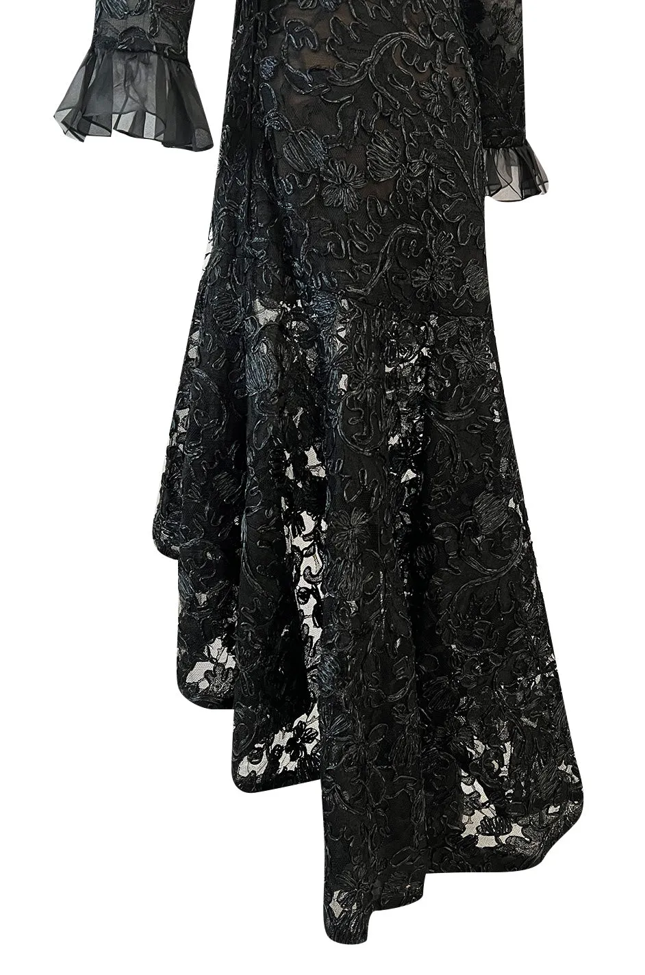 Spring 1987 Yves Saint Laurent Runway Black Net & Raffia High Low Dress w Ruffle Detail