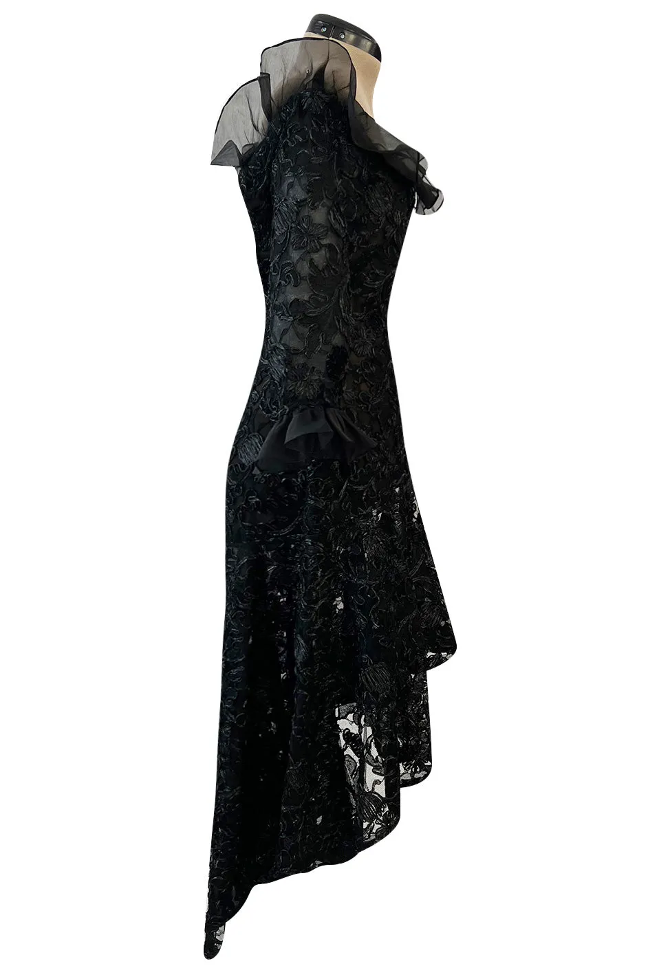 Spring 1987 Yves Saint Laurent Runway Black Net & Raffia High Low Dress w Ruffle Detail