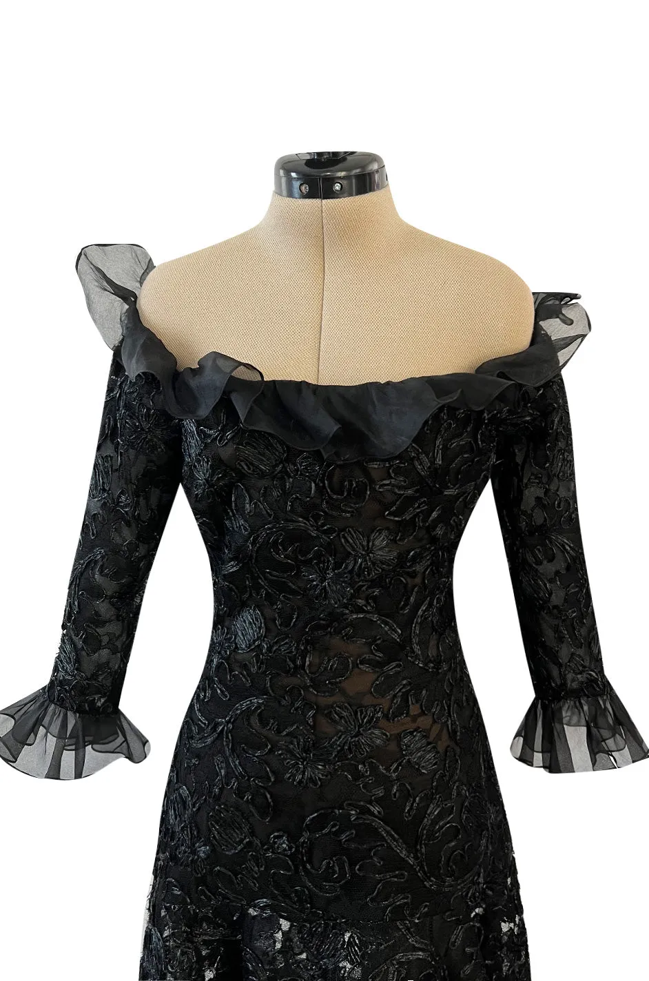 Spring 1987 Yves Saint Laurent Runway Black Net & Raffia High Low Dress w Ruffle Detail