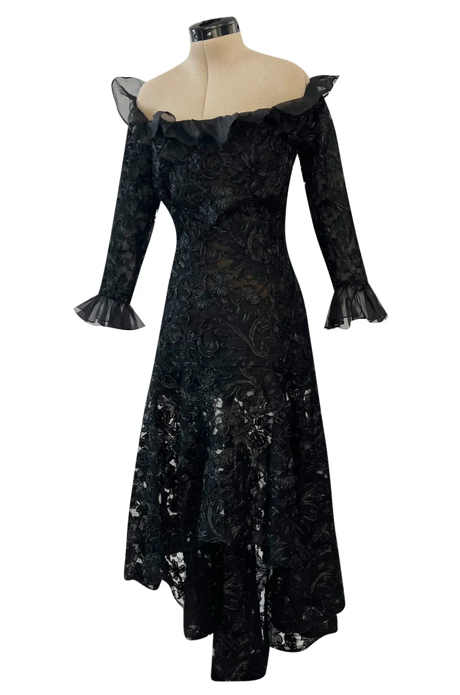 Spring 1987 Yves Saint Laurent Runway Black Net & Raffia High Low Dress w Ruffle Detail