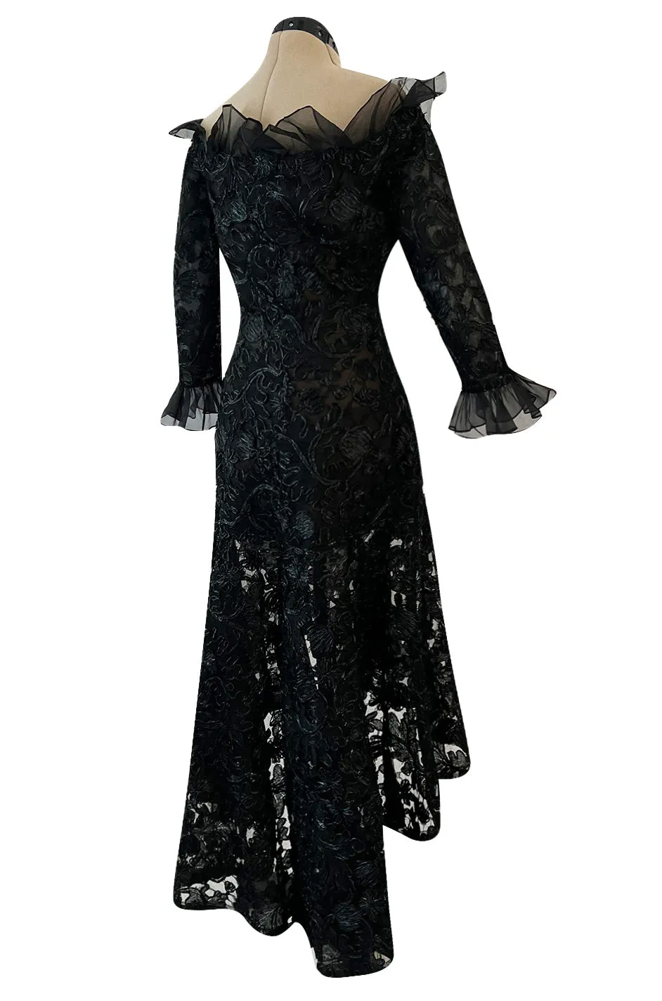 Spring 1987 Yves Saint Laurent Runway Black Net & Raffia High Low Dress w Ruffle Detail
