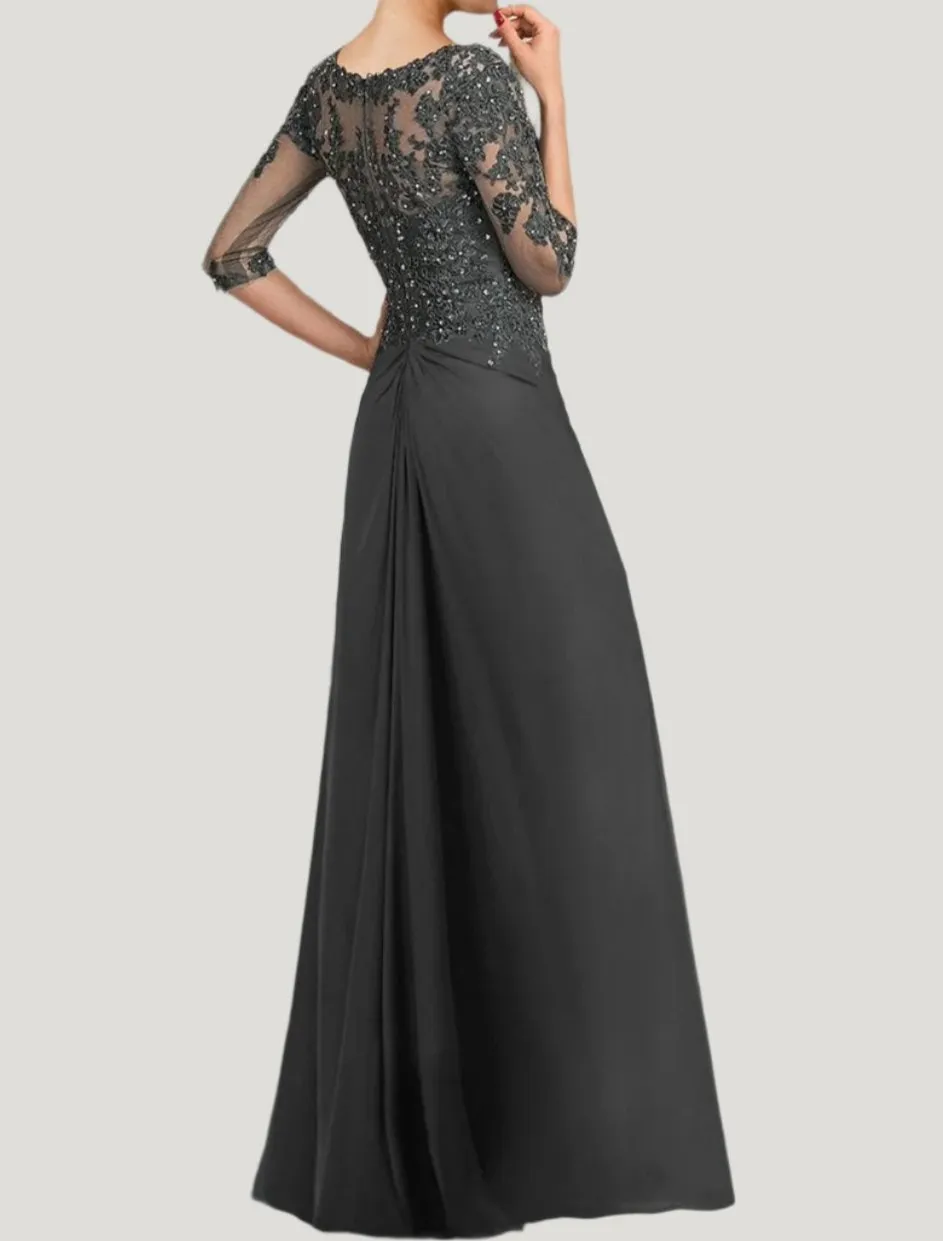 Steel Grey Half Sleeves Floor Length Mother of The Bride Dresses