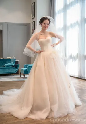 Strapless Simple Tulle A line Long Tail Wedding Dresses, Custom Made Long Wedding Dresses, Cheap Wedding Gowns, WD208