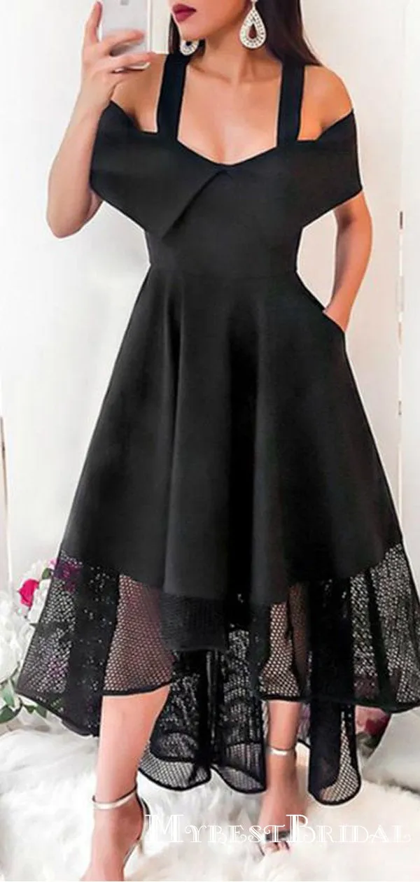 Straps Black Satin Asymmetrical Homecoming Dresses With Pockets, TYP0054