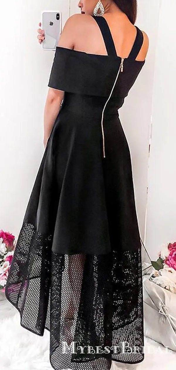 Straps Black Satin Asymmetrical Homecoming Dresses With Pockets, TYP0054