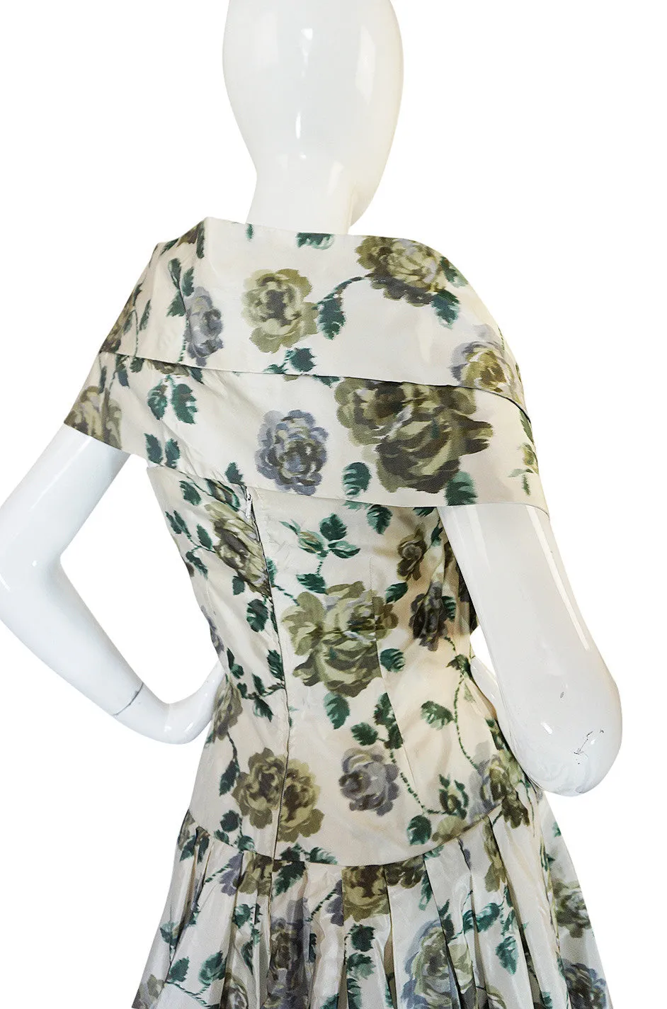 Stunning 1950s Demi-Couture Washed Print Silk Taffeta Dress