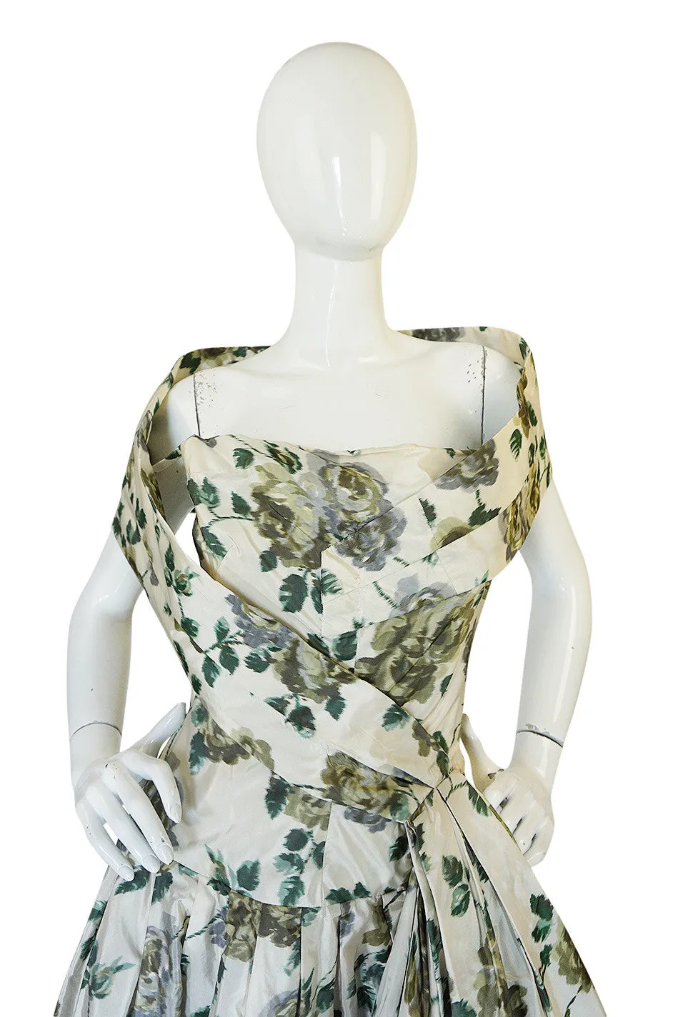 Stunning 1950s Demi-Couture Washed Print Silk Taffeta Dress