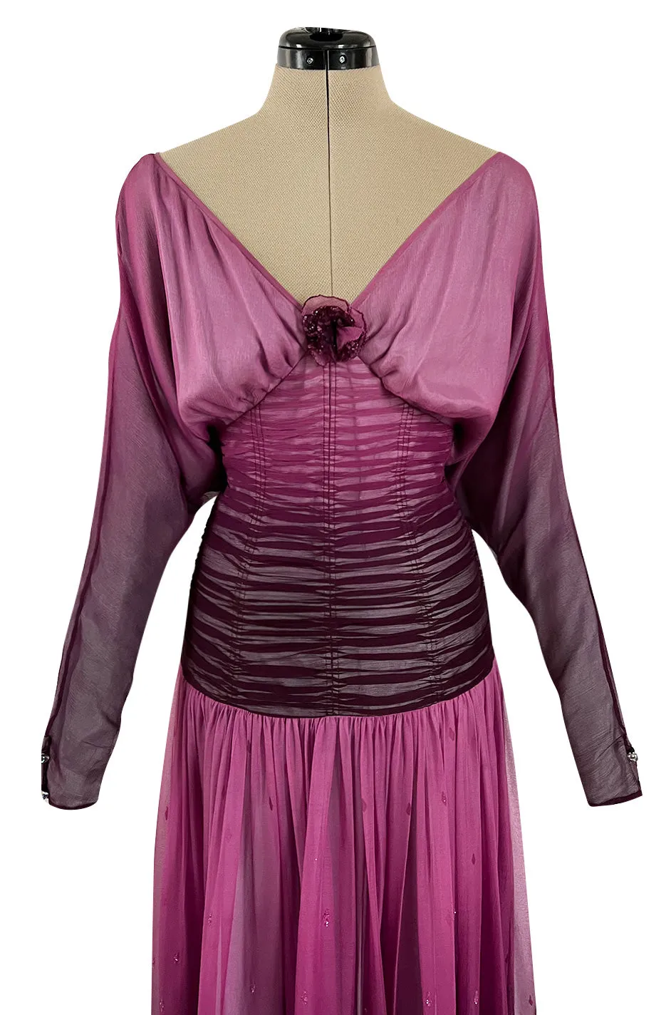 Stunning 1970s Bill Gibb Deep Purple Fuchsia Silk Chiffon & Glitter Dress w Deep Front & Back Plunge