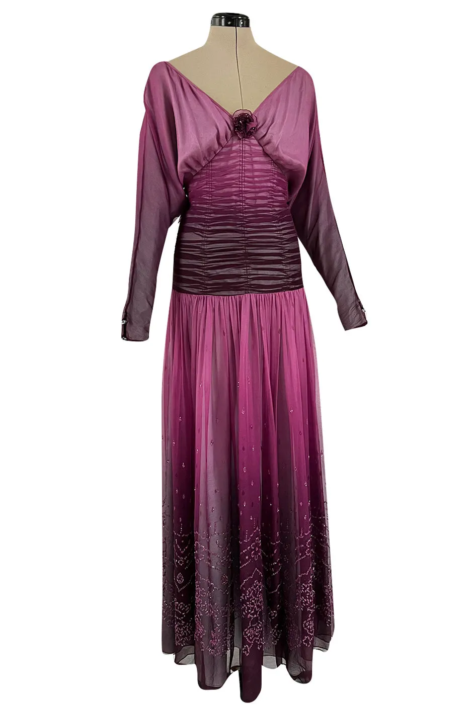 Stunning 1970s Bill Gibb Deep Purple Fuchsia Silk Chiffon & Glitter Dress w Deep Front & Back Plunge