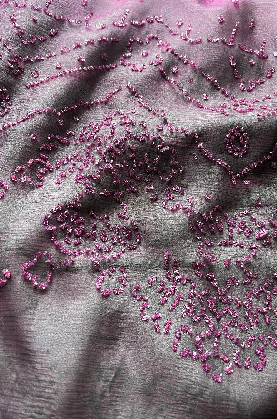 Stunning 1970s Bill Gibb Deep Purple Fuchsia Silk Chiffon & Glitter Dress w Deep Front & Back Plunge