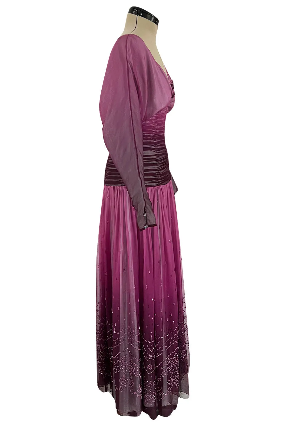 Stunning 1970s Bill Gibb Deep Purple Fuchsia Silk Chiffon & Glitter Dress w Deep Front & Back Plunge