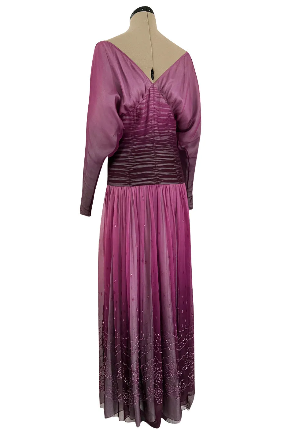 Stunning 1970s Bill Gibb Deep Purple Fuchsia Silk Chiffon & Glitter Dress w Deep Front & Back Plunge