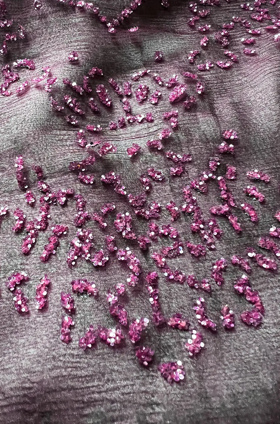 Stunning 1970s Bill Gibb Deep Purple Fuchsia Silk Chiffon & Glitter Dress w Deep Front & Back Plunge