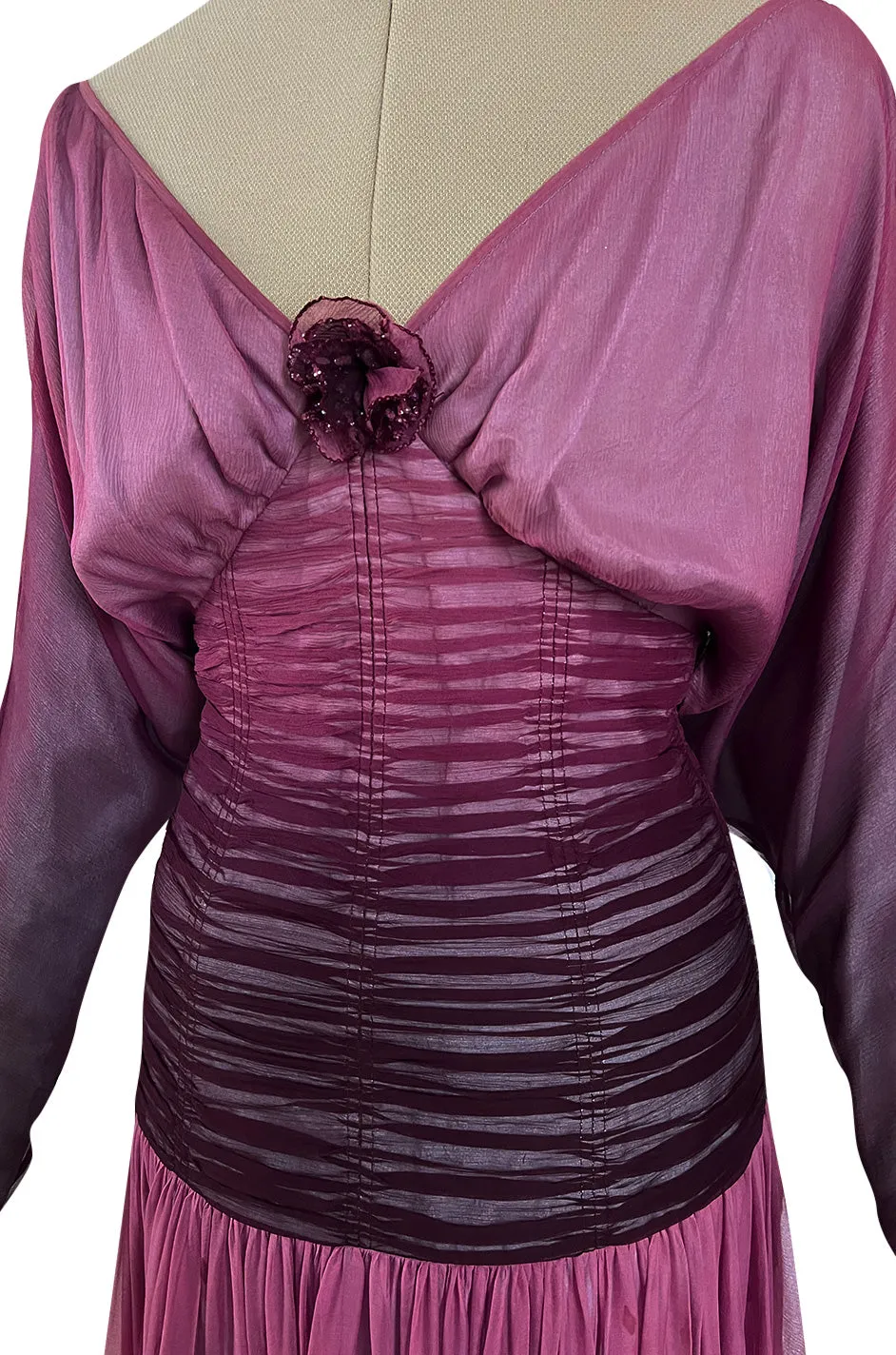 Stunning 1970s Bill Gibb Deep Purple Fuchsia Silk Chiffon & Glitter Dress w Deep Front & Back Plunge