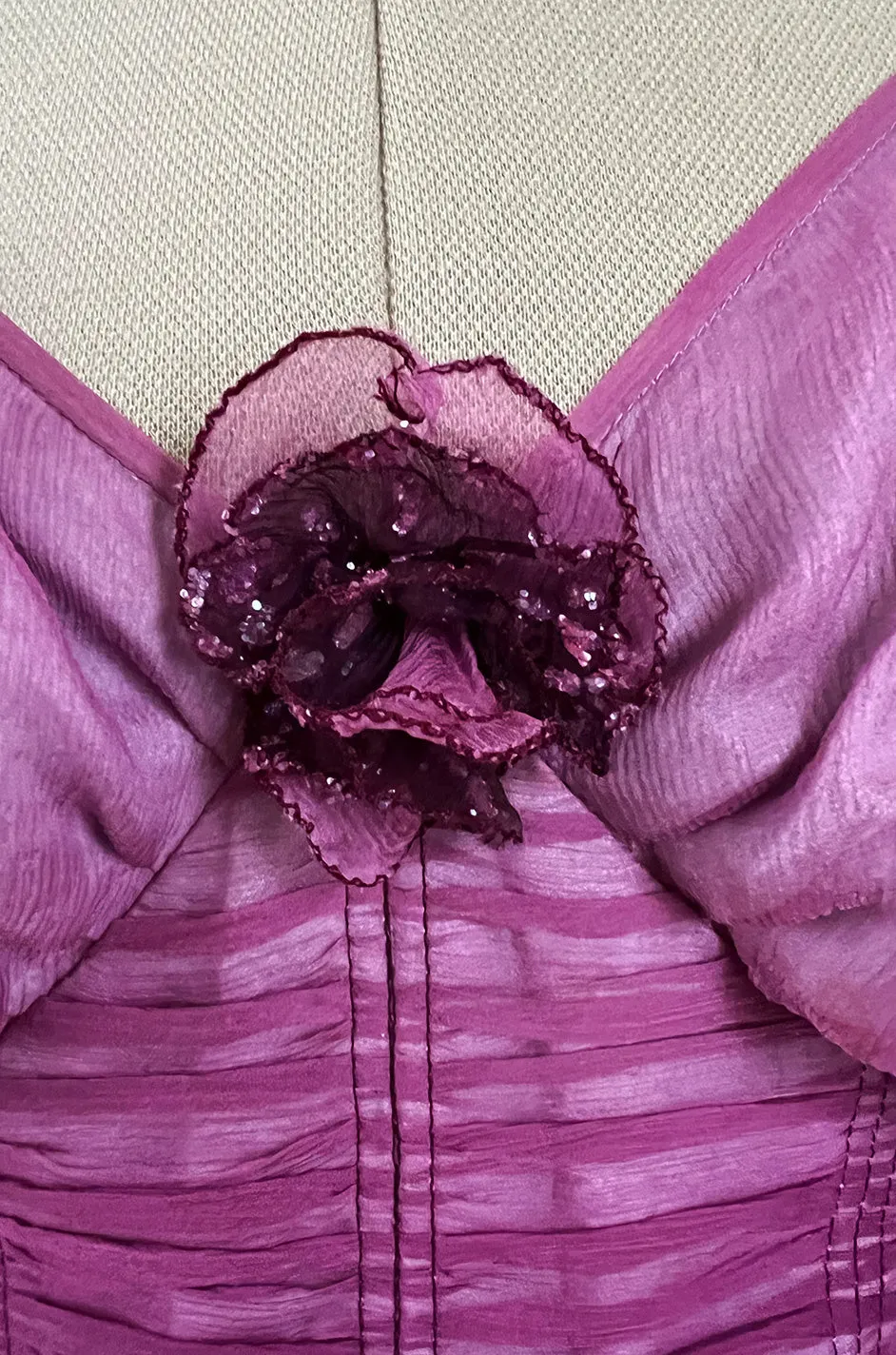 Stunning 1970s Bill Gibb Deep Purple Fuchsia Silk Chiffon & Glitter Dress w Deep Front & Back Plunge