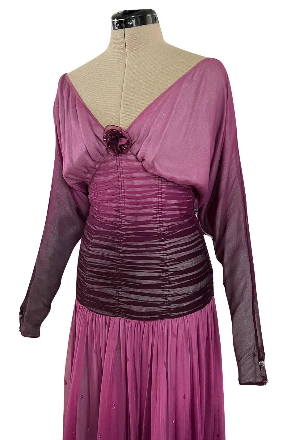 Stunning 1970s Bill Gibb Deep Purple Fuchsia Silk Chiffon & Glitter Dress w Deep Front & Back Plunge