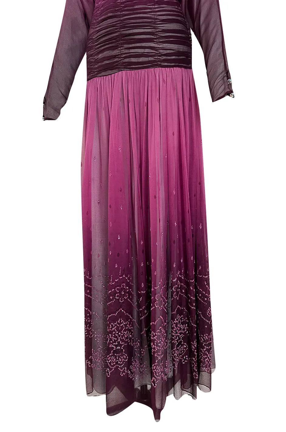 Stunning 1970s Bill Gibb Deep Purple Fuchsia Silk Chiffon & Glitter Dress w Deep Front & Back Plunge