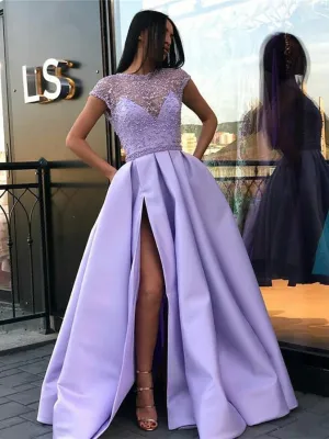 Stunning Tulle & Satin Cap Sleeves A-line Prom Dresses With Beadings PD236