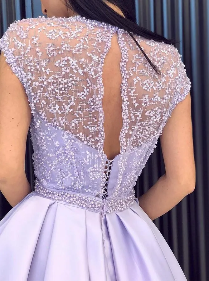 Stunning Tulle & Satin Cap Sleeves A-line Prom Dresses With Beadings PD236