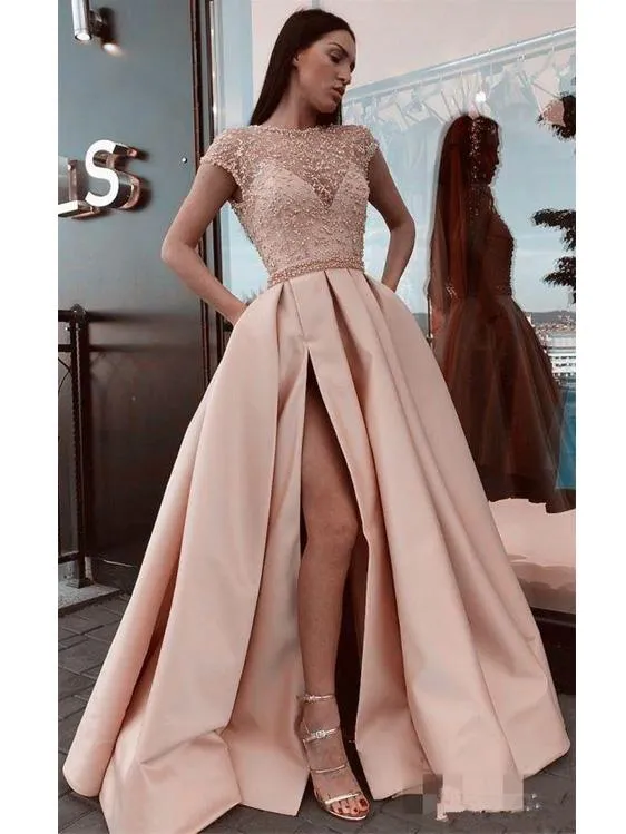 Stunning Tulle & Satin Cap Sleeves A-line Prom Dresses With Beadings PD236