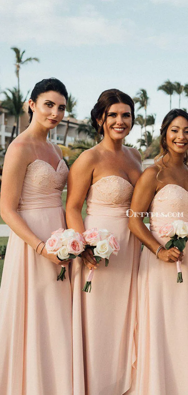 Sweetheart Charming Pink Chiffon A-line Long Cheap Bridesmaid Dresses, BDS0046