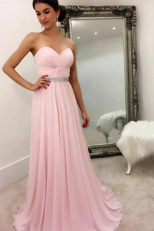 Sweetheart Chiffon Pink Formal Party Dress with Rhinestones Belt
