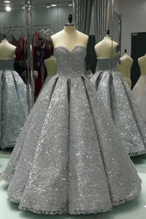 Sweetheart Gray Sleeveless Long Ball Gowns Shiny Sequin Prom Dresses OK841