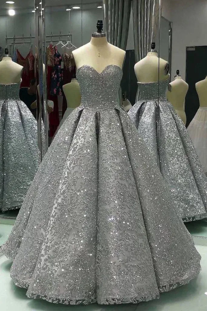 Sweetheart Gray Sleeveless Long Ball Gowns Shiny Sequin Prom Dresses OK841