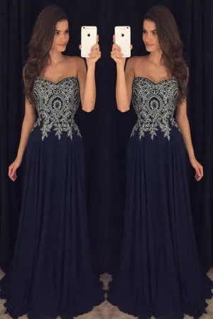 Sweetheart Navy Blue Appliques Chiffon Long Prom Gowns OK866