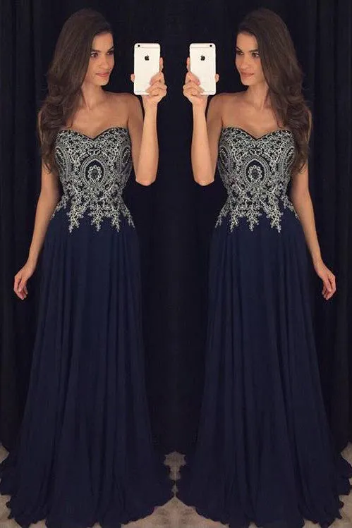 Sweetheart Navy Blue Appliques Chiffon Long Prom Gowns OK866