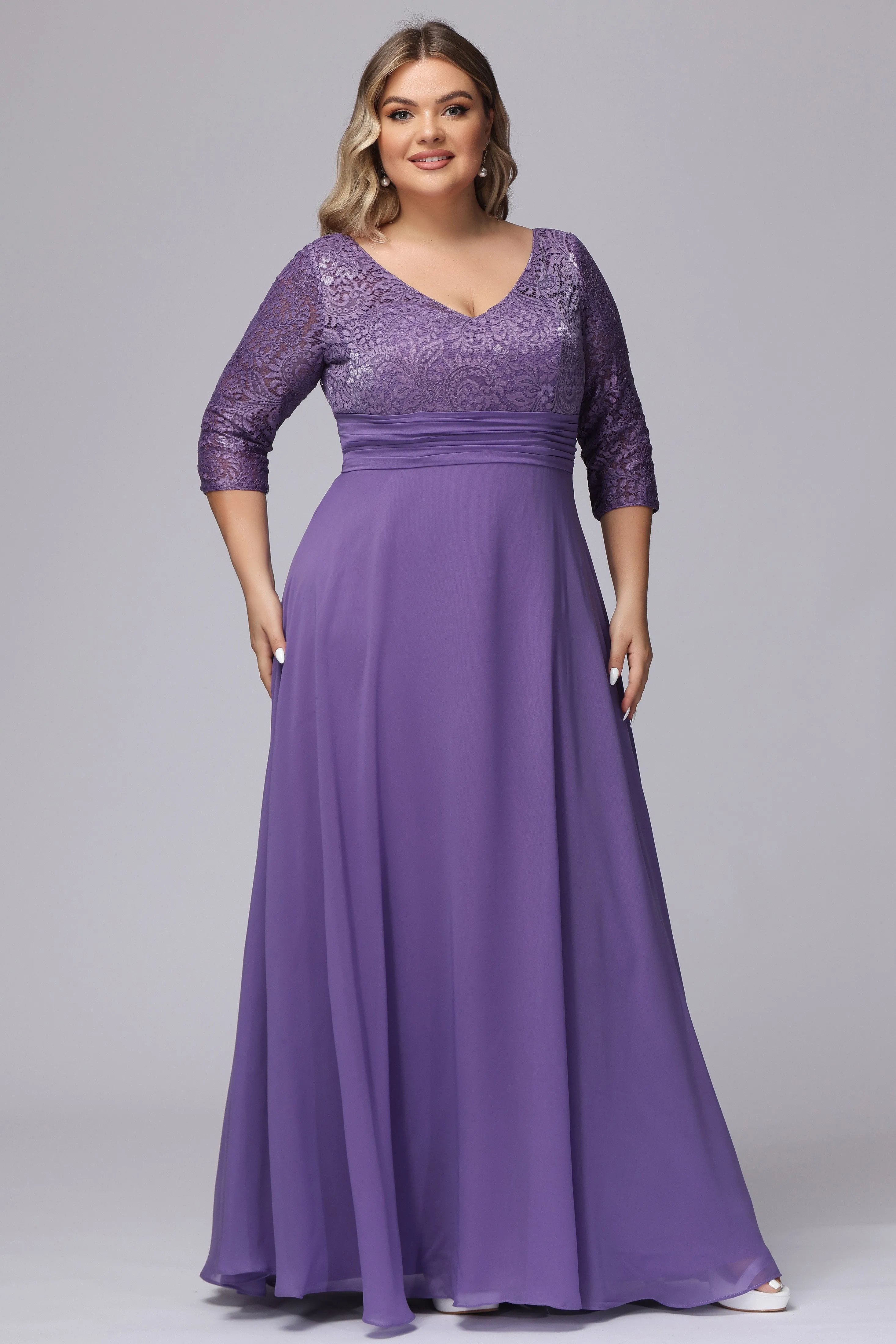 Tahiti V-Neck 3/4 Sleeves Lace Chiffon Mother of the Bride Dresses