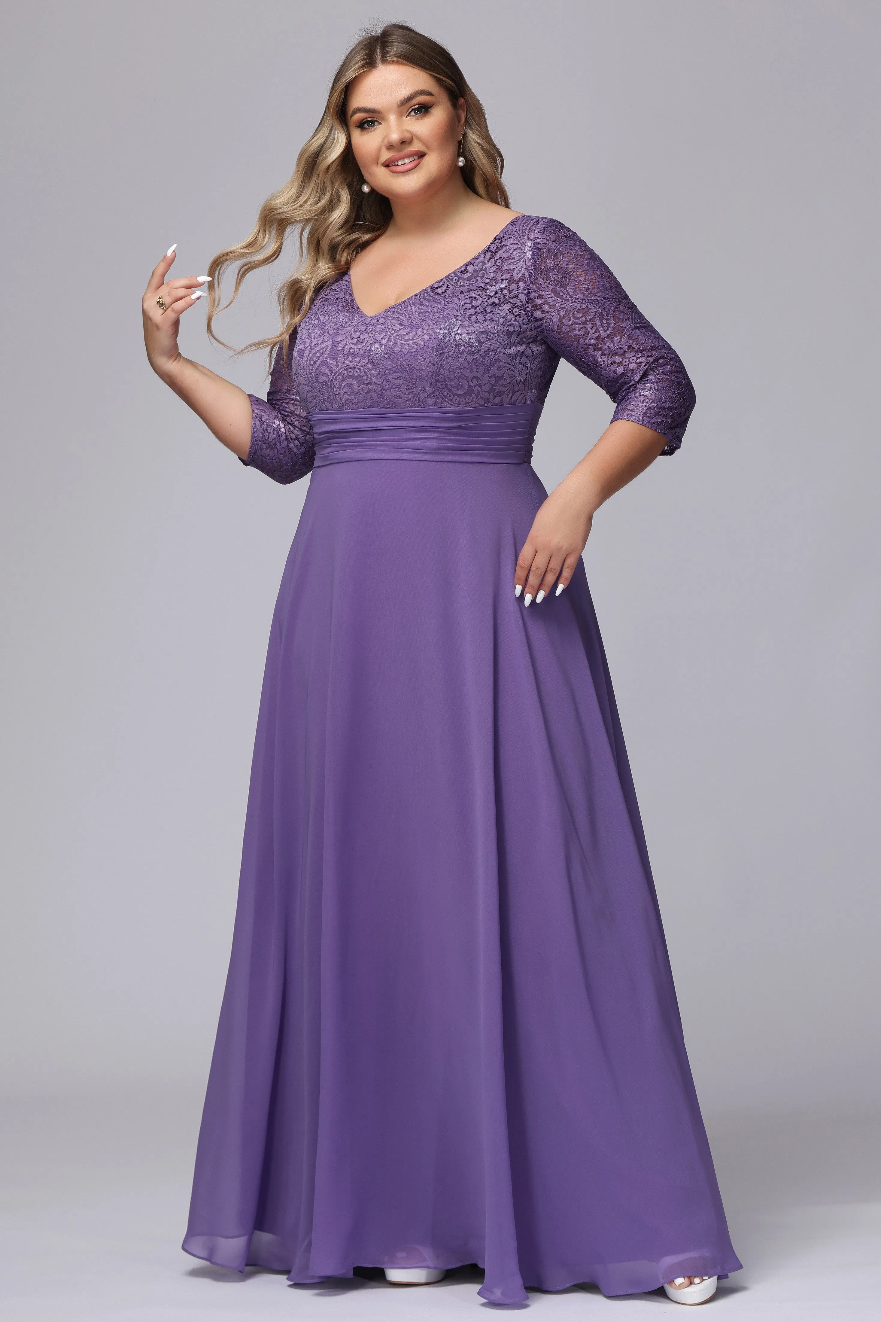 Tahiti V-Neck 3/4 Sleeves Lace Chiffon Mother of the Bride Dresses