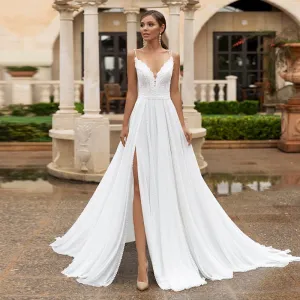 The Sales-Rack Charming Spaghetti Straps Boho Bridal Gown Side Split Made In Chiffon Features Sexy Back