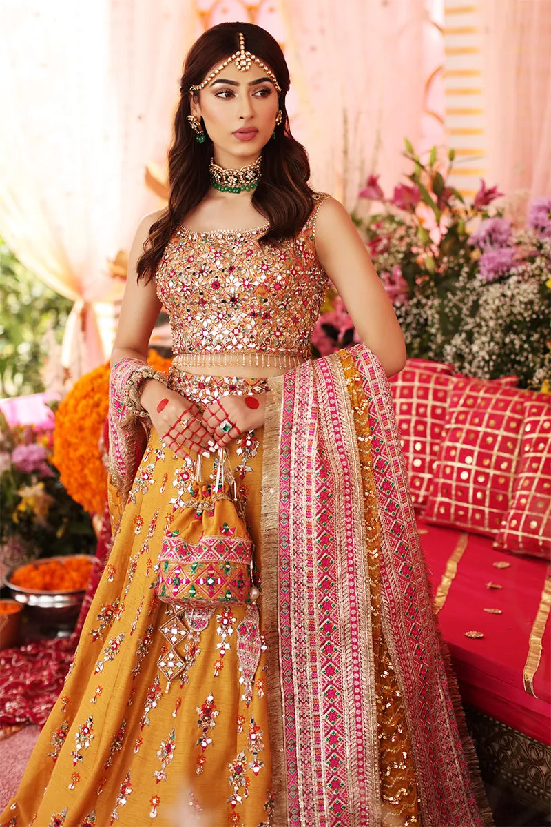 Traditional Mehndi Dress in Yellow Lehenga with Choli and Dupatta Pakistani Bridal Dress in Raw Silk Fabric #BS644