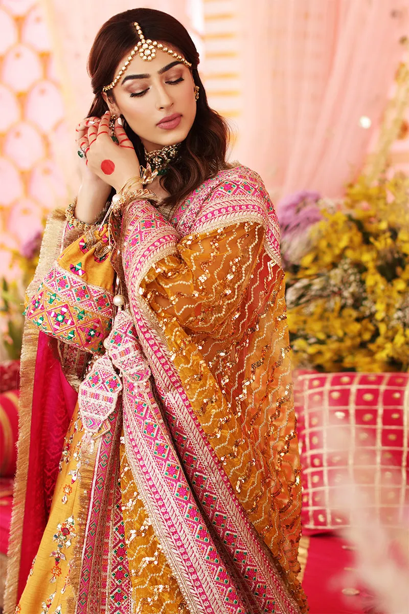Traditional Mehndi Dress in Yellow Lehenga with Choli and Dupatta Pakistani Bridal Dress in Raw Silk Fabric #BS644