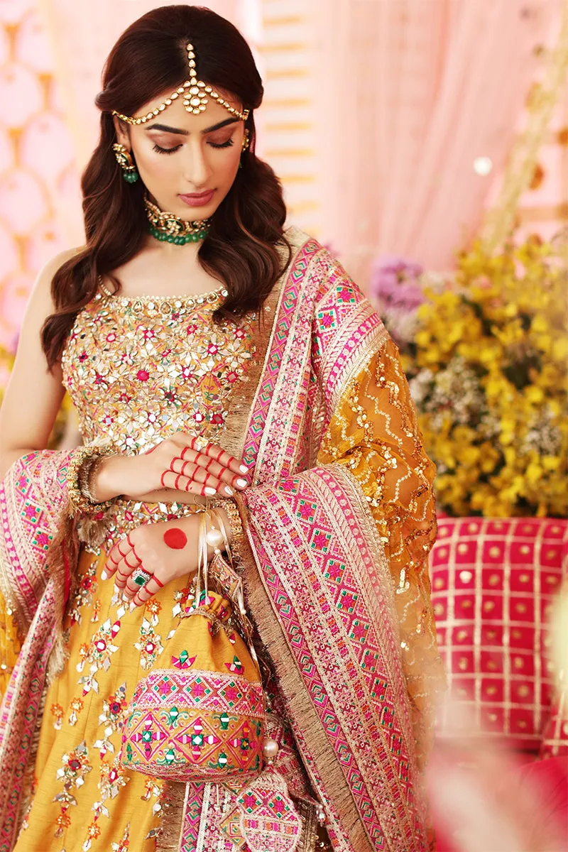 Traditional Mehndi Dress in Yellow Lehenga with Choli and Dupatta Pakistani Bridal Dress in Raw Silk Fabric #BS644