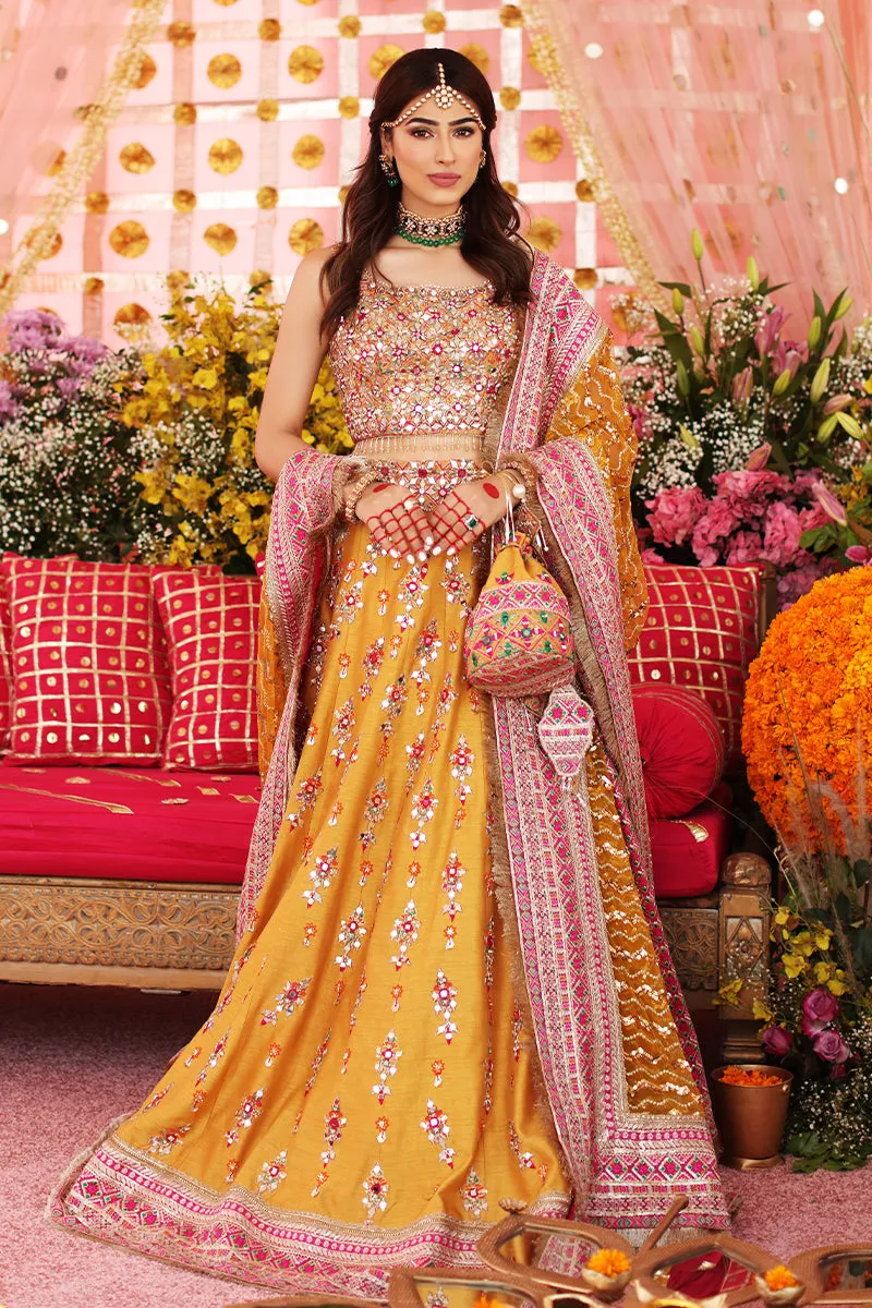 Traditional Mehndi Dress in Yellow Lehenga with Choli and Dupatta Pakistani Bridal Dress in Raw Silk Fabric #BS644
