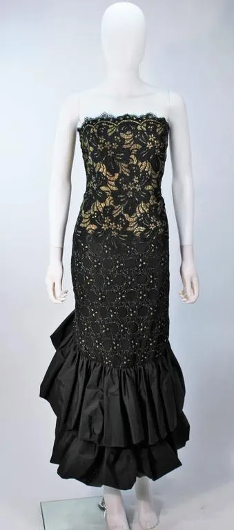 TRAVILLA Black and Gold Lace Gown Size 6