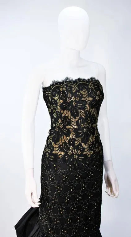 TRAVILLA Black and Gold Lace Gown Size 6