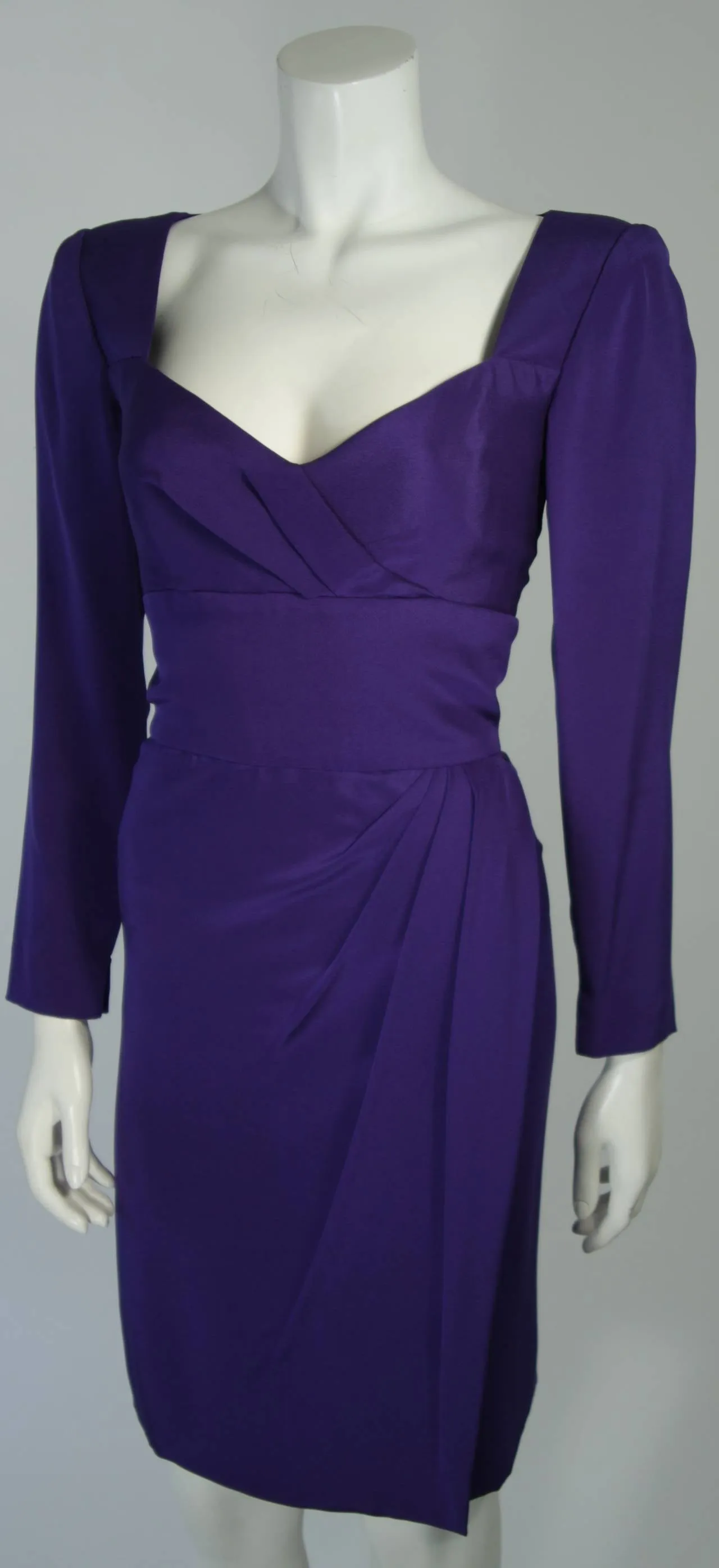 TRAVILLA Purple Silk Long Sleeve Cocktail Dress with Draping Size 8