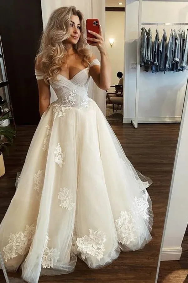 Tulle A-line Off-the-Shoulder Wedding Dresses With Floral Appliques, MW1003